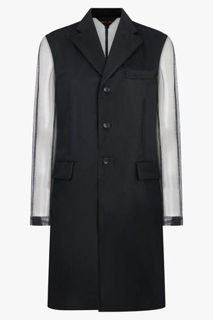 COMME DES GARCONS RTW Tulle Overlay Tailored Long Coat With Sheer Sleeves | Black