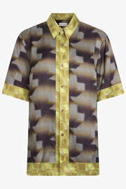 DRIES VAN NOTEN RTW Contrast Pixel Graphic Print S/S Shirt | Brown/Yellow