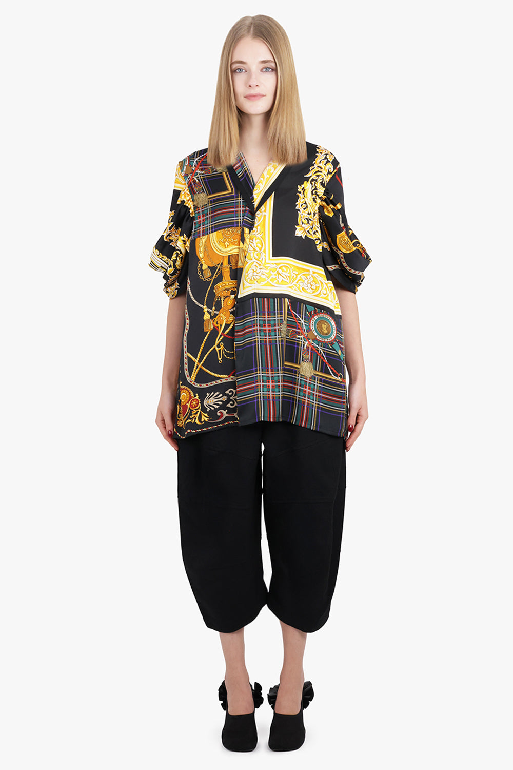 JUNYA WATANABE RTW Draped Sleeve Tartan X Versace Print Long Blouse | Black/Yellow/Red