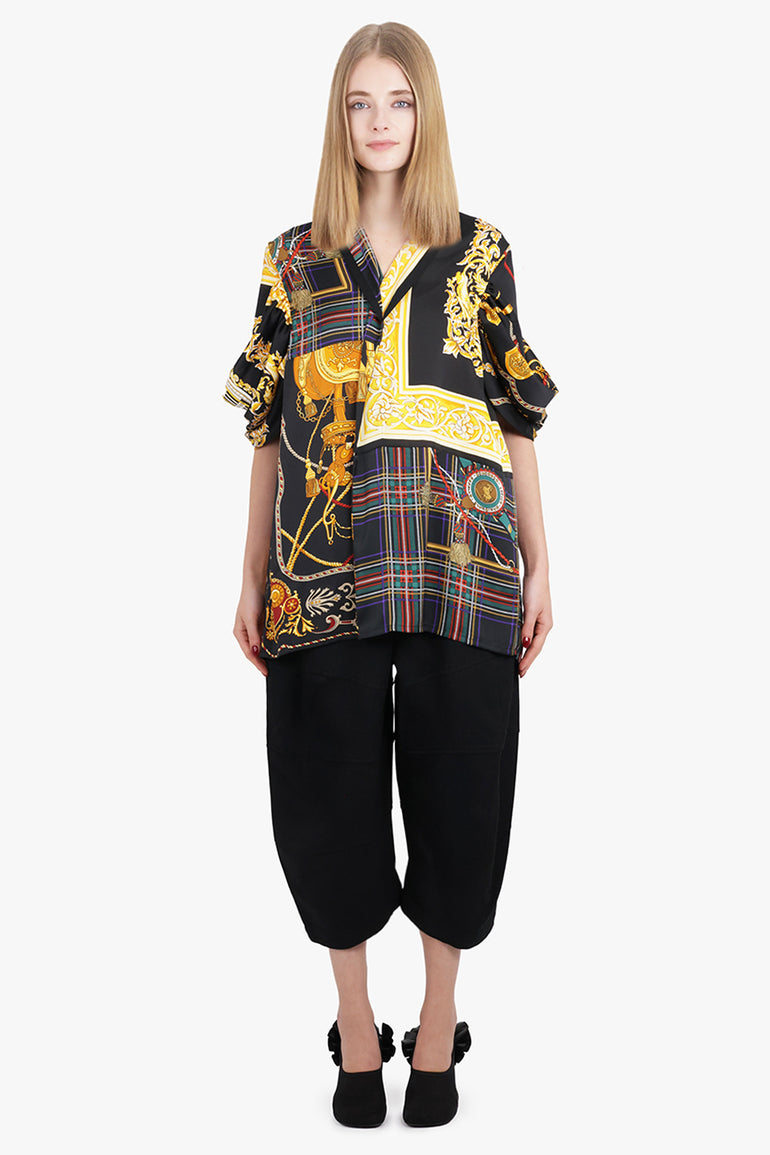 JUNYA WATANABE RTW Draped Sleeve Tartan X Versace Print Long Blouse | Black/Yellow/Red