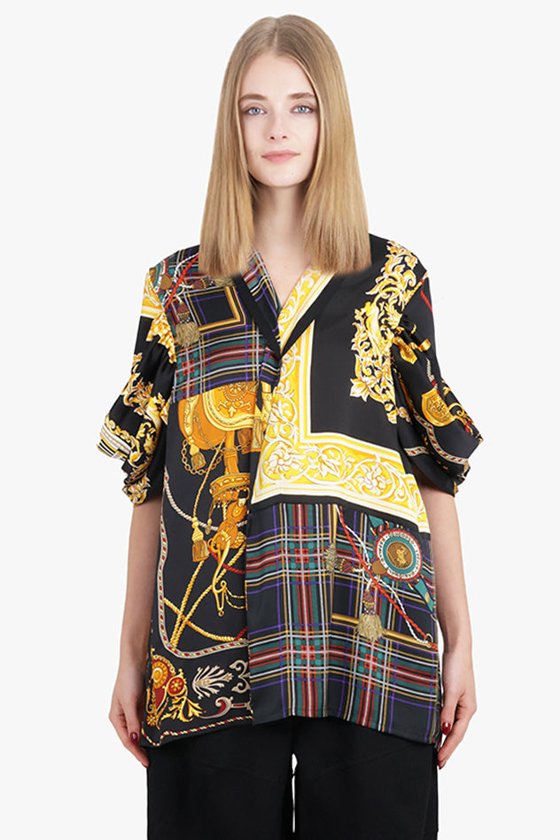 JUNYA WATANABE RTW Draped Sleeve Tartan X Versace Print Long Blouse | Black/Yellow/Red