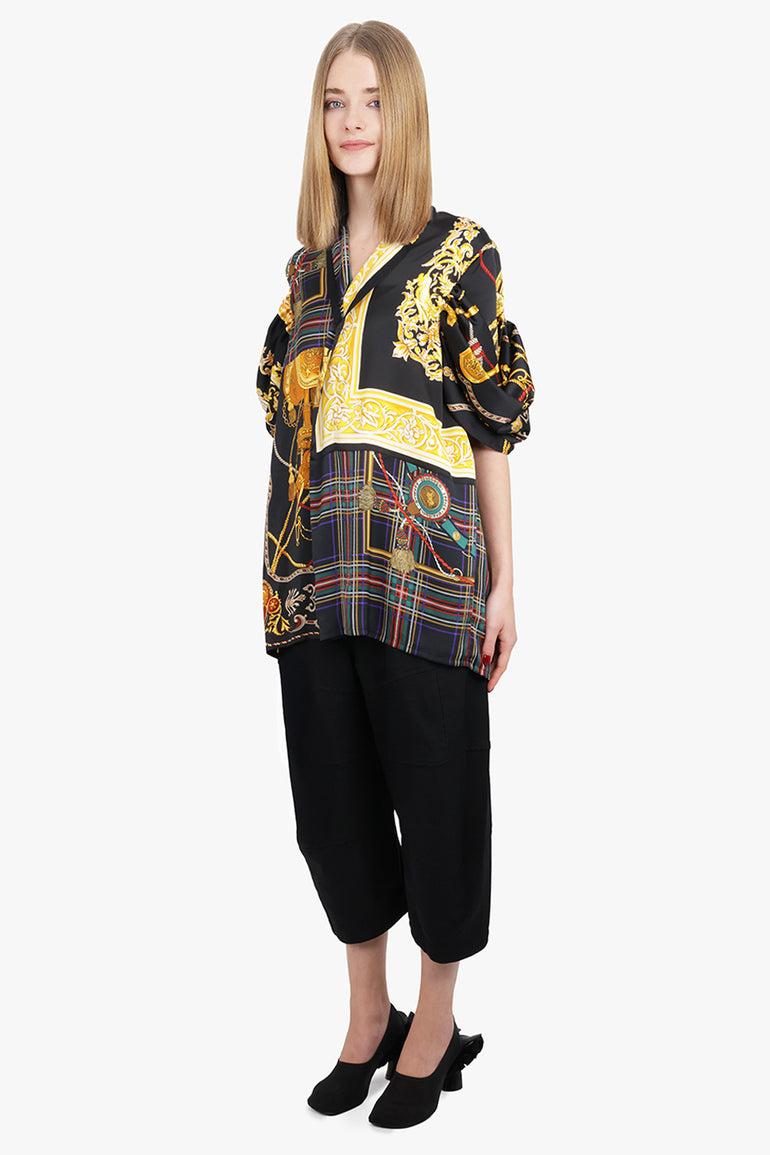 JUNYA WATANABE RTW Draped Sleeve Tartan X Versace Print Long Blouse | Black/Yellow/Red