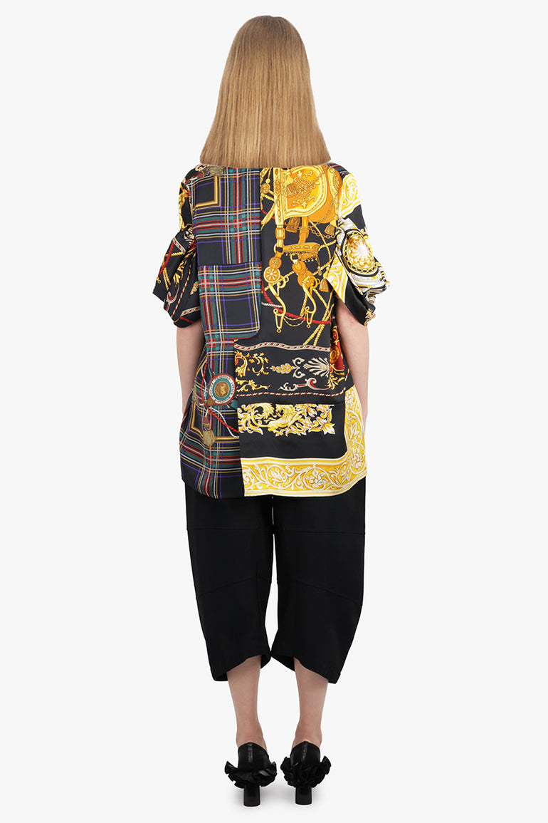 JUNYA WATANABE RTW Draped Sleeve Tartan X Versace Print Long Blouse | Black/Yellow/Red