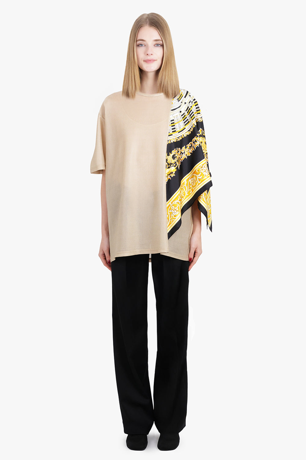 JUNYA WATANABE RTW Glitter S/S Top X Half Versace Clock Print Scarf | Beige/Black/Yellow