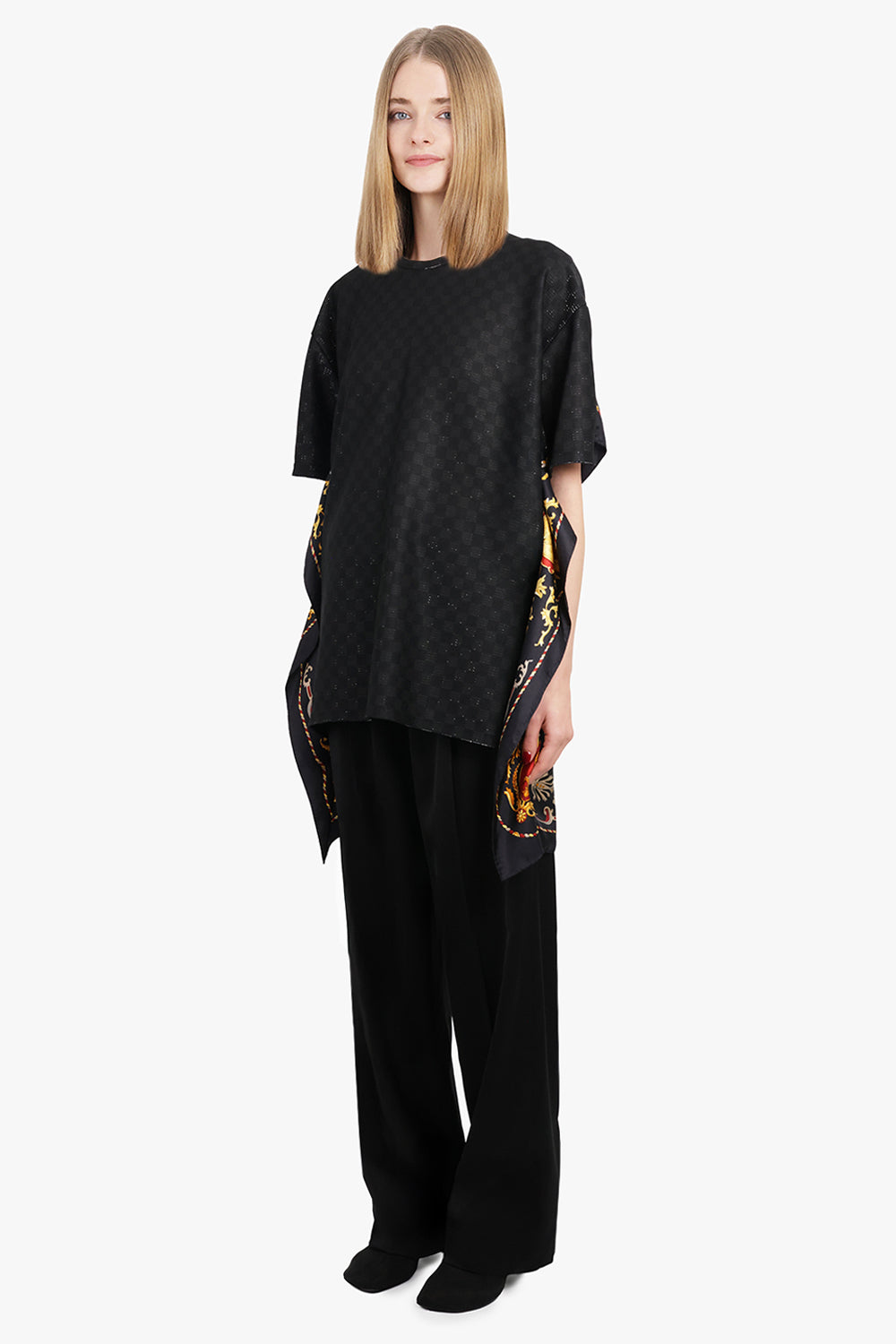 JUNYA WATANABE RTW Glitter S/S Top X Versace Scarf Print Back | Black/Yellow/Red