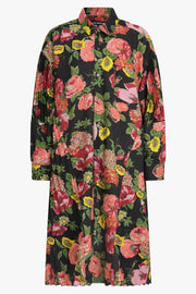 JUNYA WATANABE RTW Floral Print L/S Pleat Midi Shirt Dress | Black/Pink
