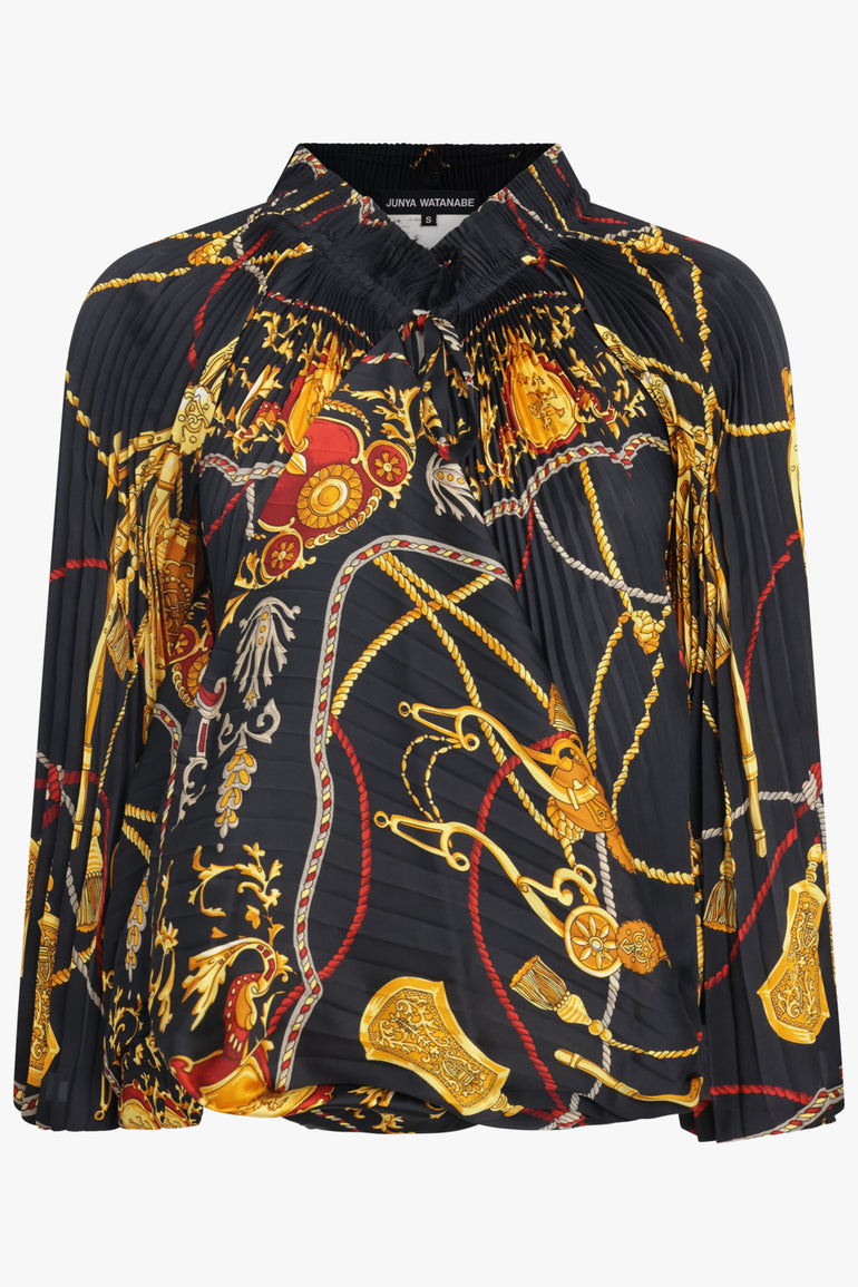 JUNYA WATANABE RTW Draped Pleat Scarf Versace Print Top | Black/Yellow/Red