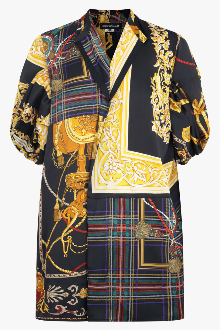 JUNYA WATANABE RTW Draped Sleeve Tartan X Versace Print Long Blouse | Black/Yellow/Red