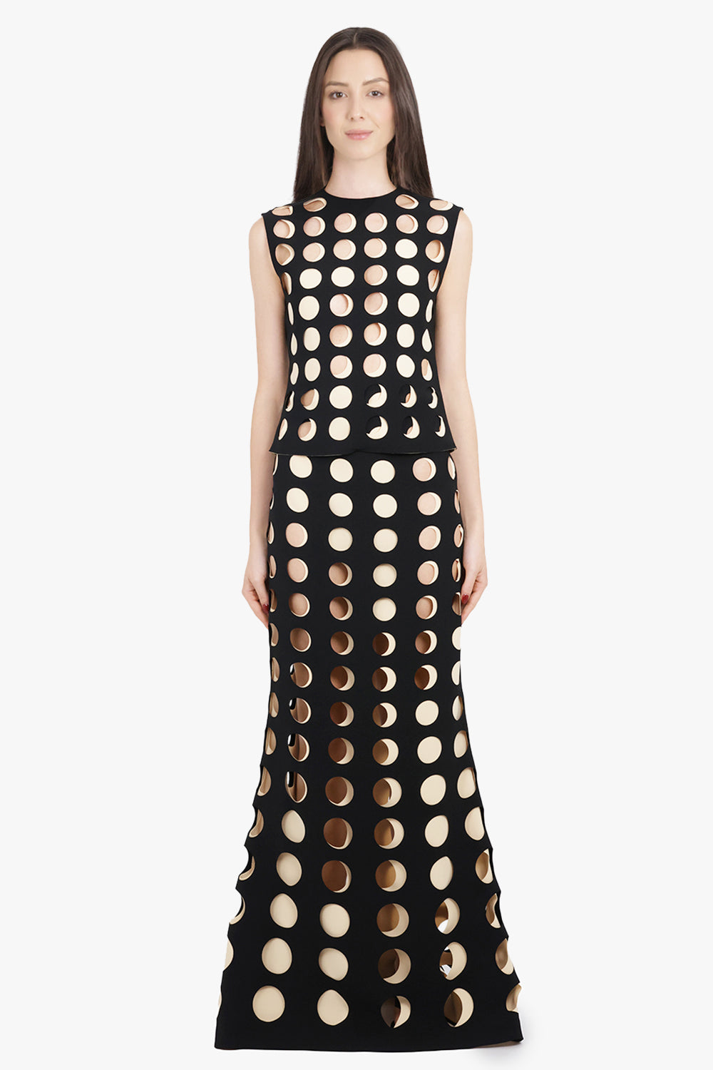 AWAKE MODE RTW Layered Hole Detail Flared Maxi Skirt | Black/Nude