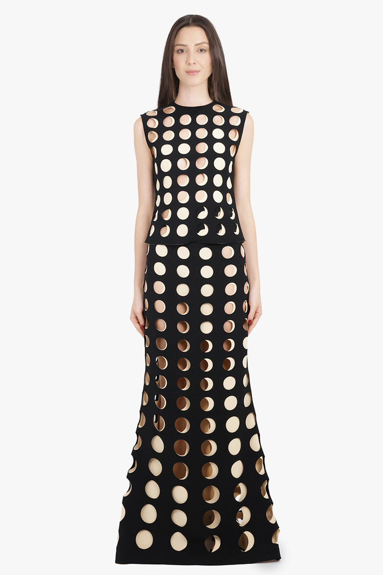 AWAKE MODE RTW Layered Hole Detail Flared Maxi Skirt | Black/Nude