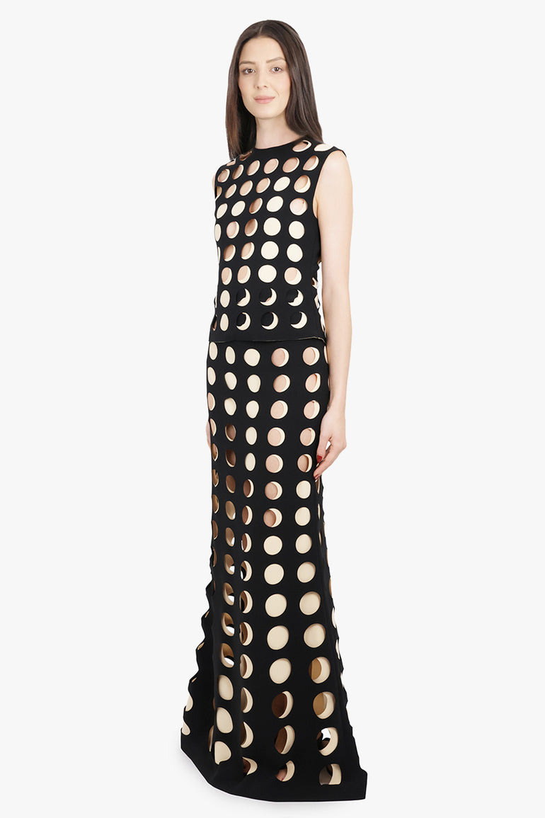 AWAKE MODE RTW Layered Hole Detail Flared Maxi Skirt | Black/Nude