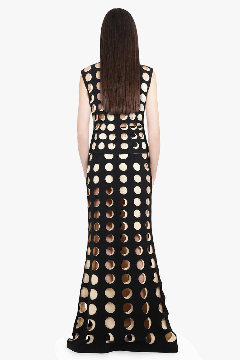 AWAKE MODE RTW Layered Hole Detail Flared Maxi Skirt | Black/Nude