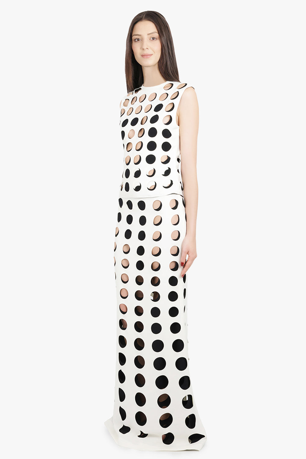 AWAKE MODE RTW Layered Hole Detail Flared Maxi Skirt | White/Black