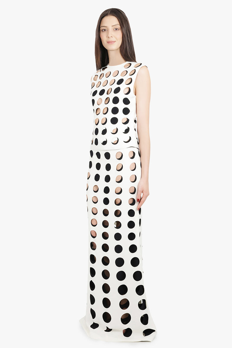 AWAKE MODE RTW Layered Hole Detail Flared Maxi Skirt | White/Black