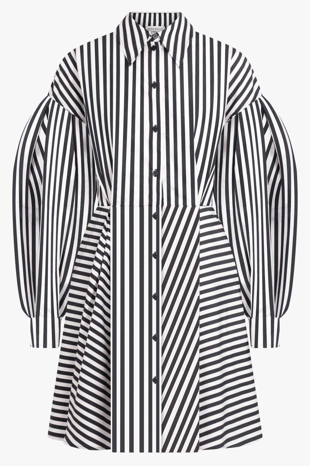 NINA RICCI RTW Stripe L/S Midi Shirt Dress With Balloon Sleeves | Black/White