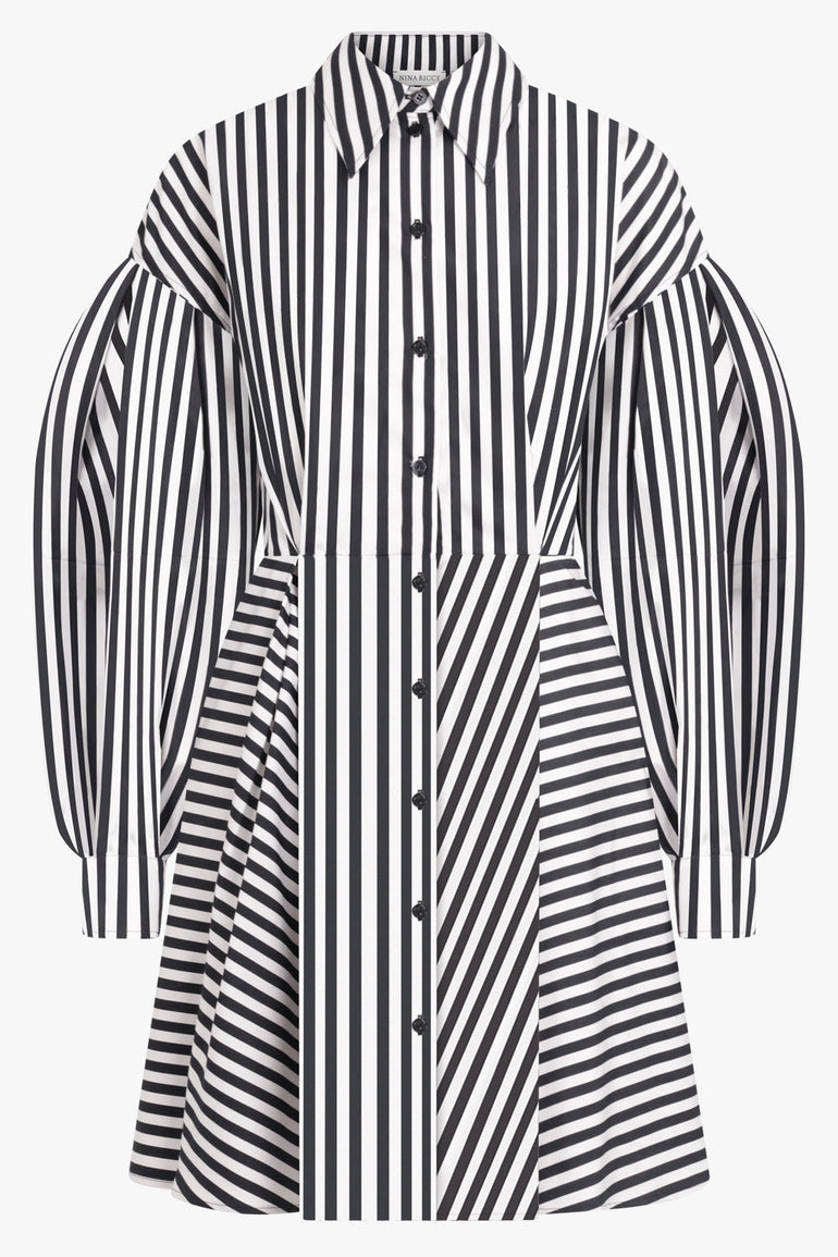 NINA RICCI RTW Stripe L/S Midi Shirt Dress With Balloon Sleeves | Black/White