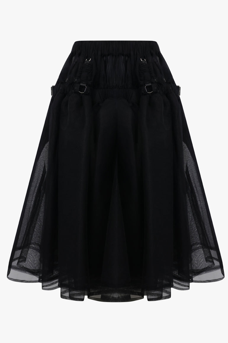 NOIR KEI NINOMIYA RTW Layered Tulle Garter Belted Midi Skirt | Black