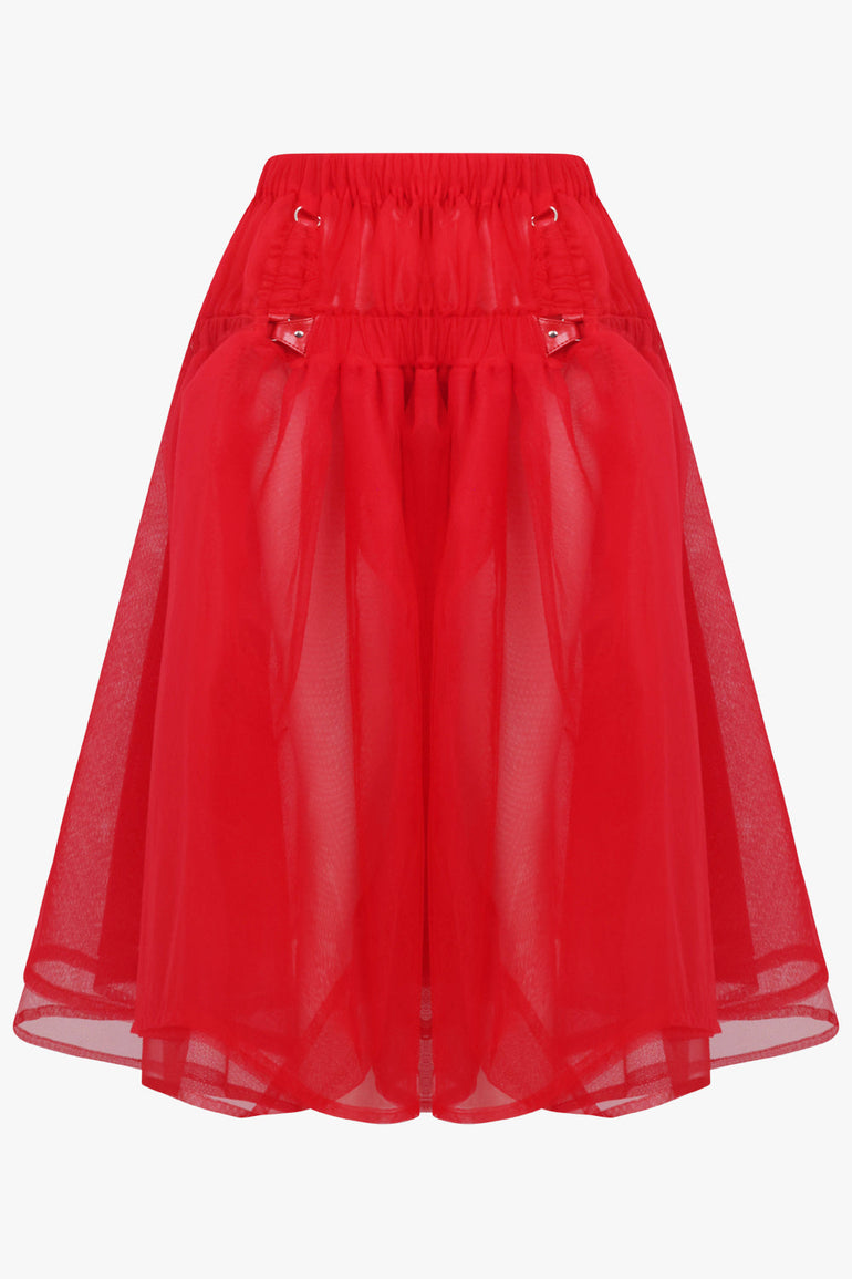 NOIR KEI NINOMIYA RTW Layered Tulle Garter Belted Midi Skirt | Red