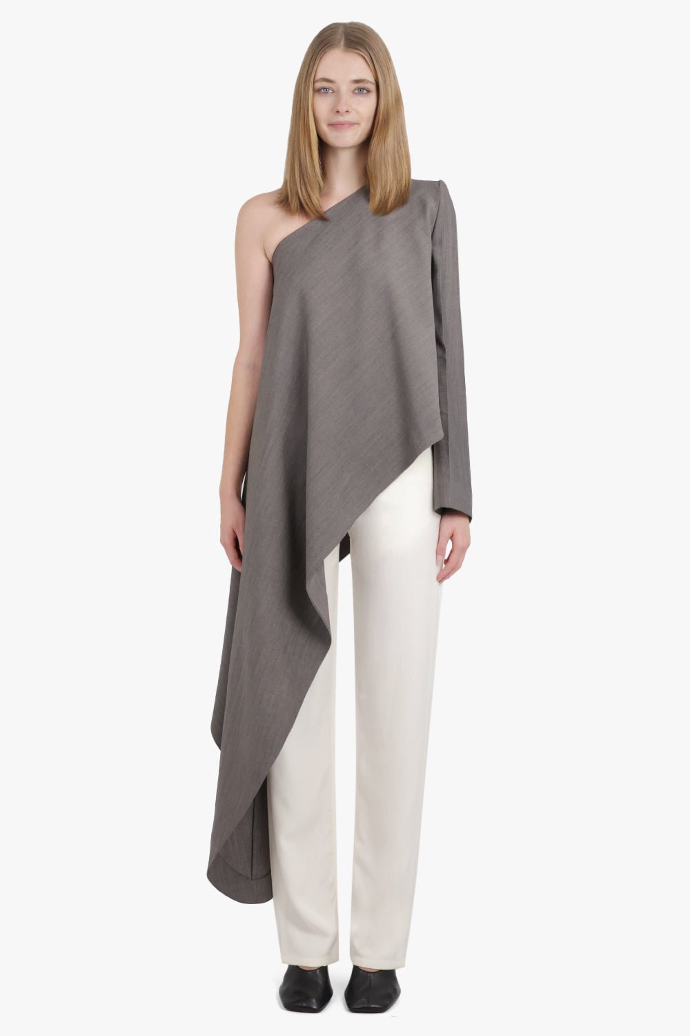PHOEBE PHILO RTW One Shoulder Top With Asymmetric Draped Panel | Dark Taupe
