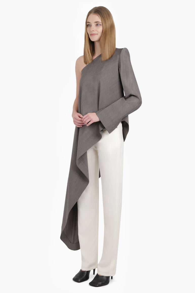PHOEBE PHILO RTW One Shoulder Top With Asymmetric Draped Panel | Dark Taupe
