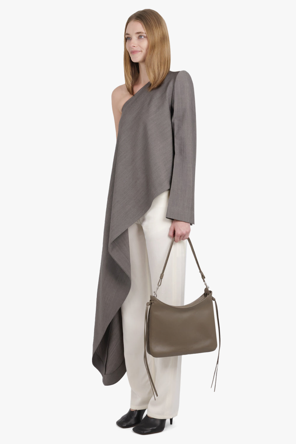 PHOEBE PHILO RTW One Shoulder Top With Asymmetric Draped Panel | Dark Taupe