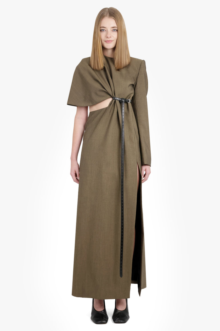PHOEBE PHILO RTW Asymmetric Tailored Sheath Dress with Cut Out and Split Detail | Tobacco