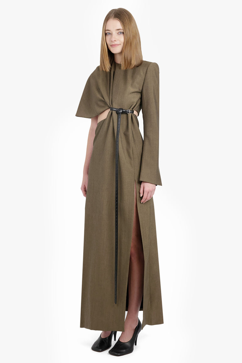 PHOEBE PHILO RTW Asymmetric Tailored Sheath Dress with Cut Out and Split Detail | Tobacco
