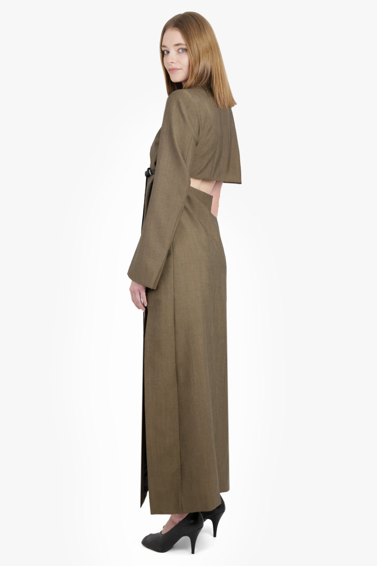 PHOEBE PHILO RTW Asymmetric Tailored Sheath Dress with Cut Out and Split Detail | Tobacco