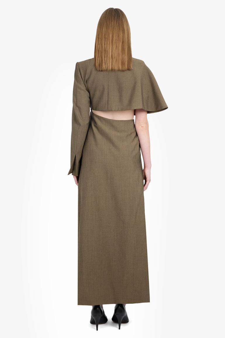 PHOEBE PHILO RTW Asymmetric Tailored Sheath Dress with Cut Out and Split Detail | Tobacco