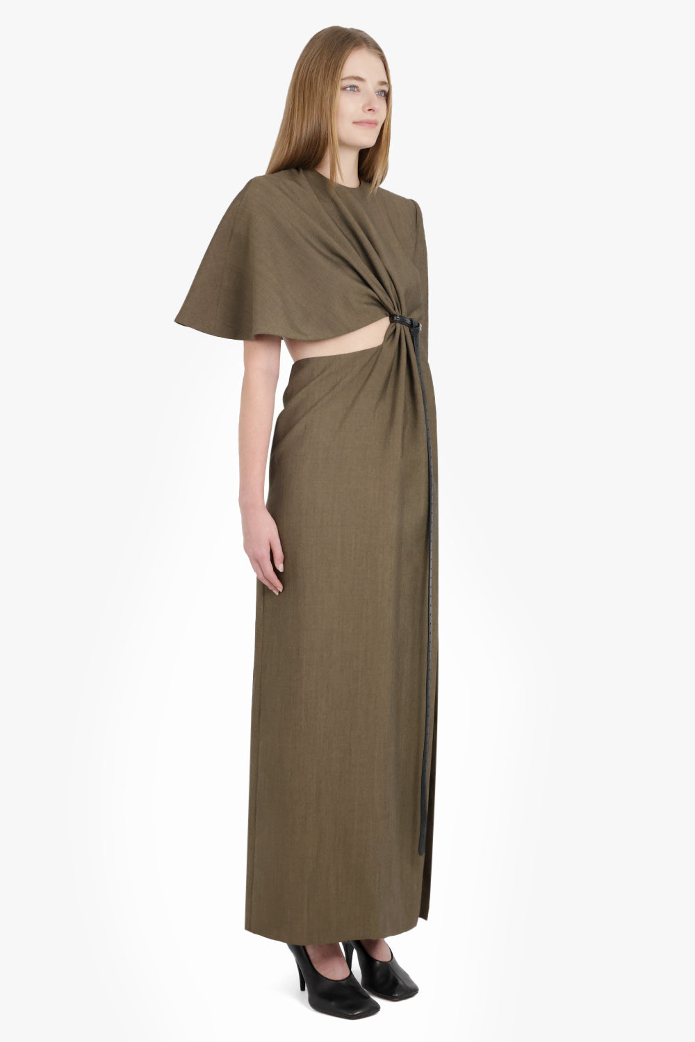 PHOEBE PHILO RTW Asymmetric Tailored Sheath Dress with Cut Out and Split Detail | Tobacco