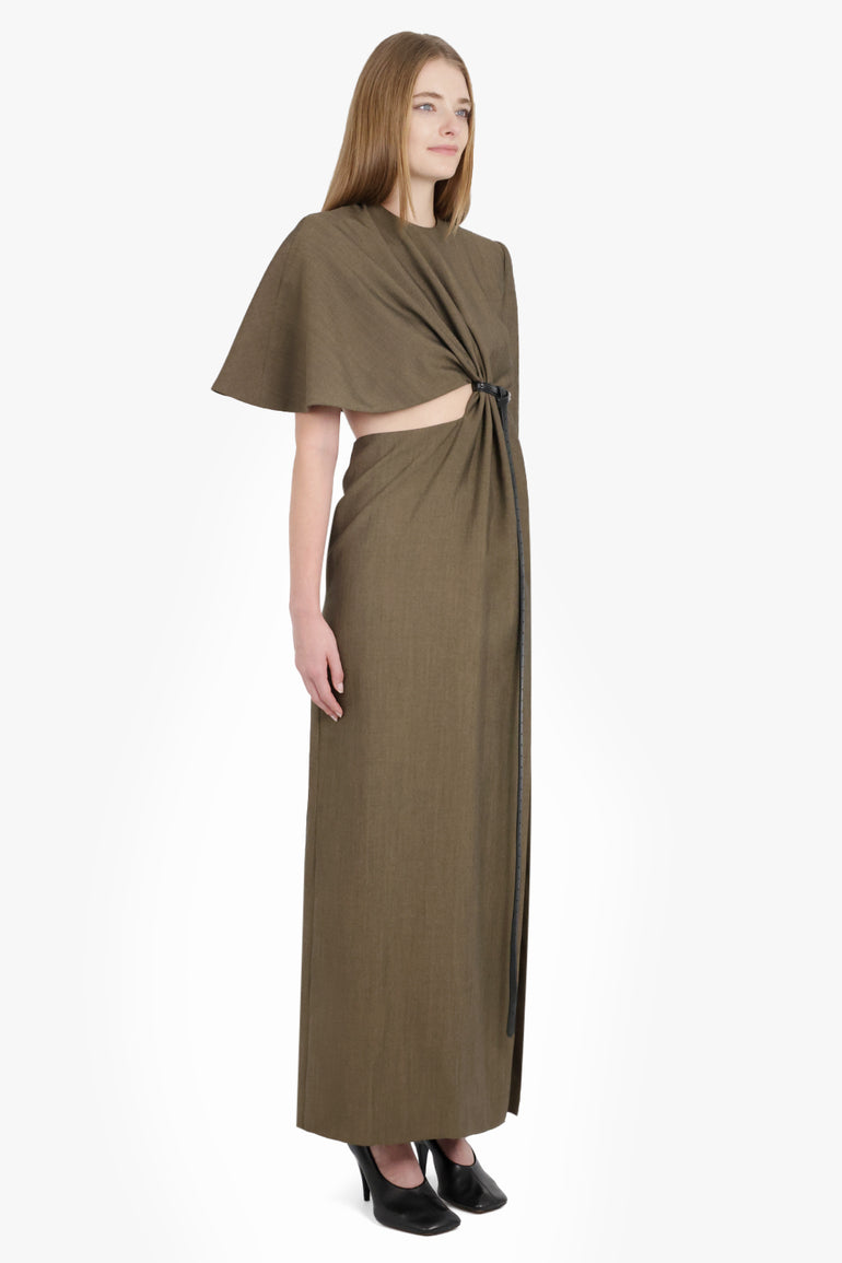 PHOEBE PHILO RTW Asymmetric Tailored Sheath Dress with Cut Out and Split Detail | Tobacco