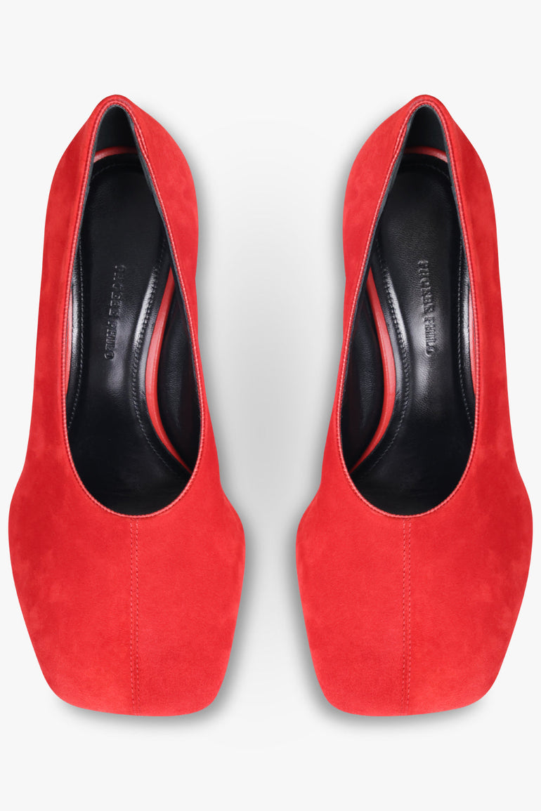 PHOEBE PHILO SHOES Soft Closed Square Toe Suede 90mm Pump | Fluro Red