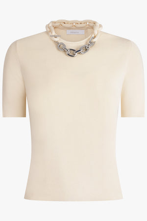 RABANNE RTW Chain Detail Crew Neck Top | Cream/Silver