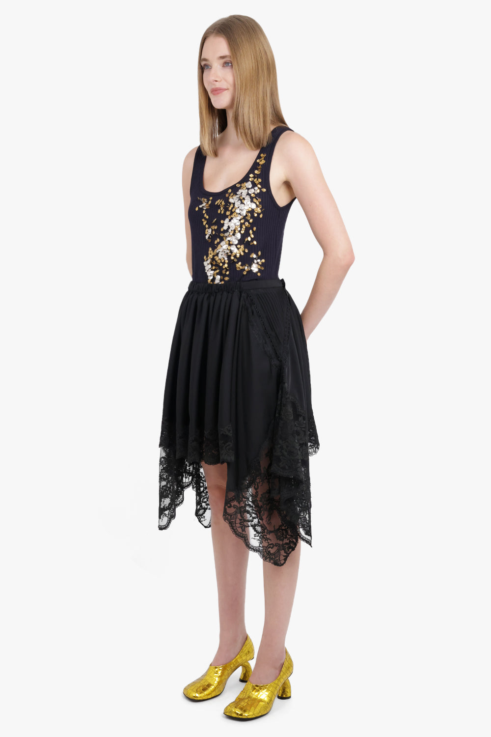 DRIES VAN NOTEN RTW Holly Embroidered Knit Singlet | Navy/Gold/Silver
