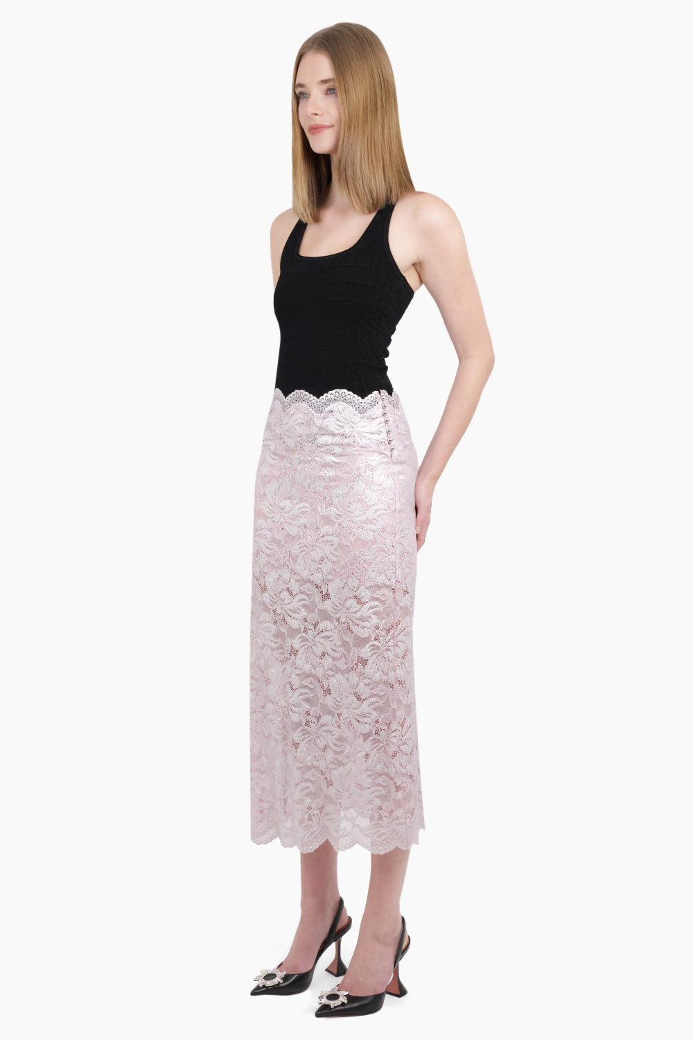 RABANNE RTW Lace Embroidered Maxi Skirt With Foil Detail | Pink/Silver