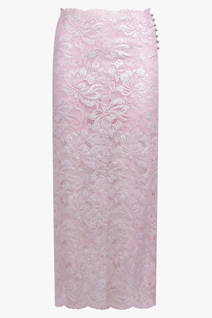 RABANNE RTW Lace Embroidered Maxi Skirt With Foil Detail | Pink/Silver