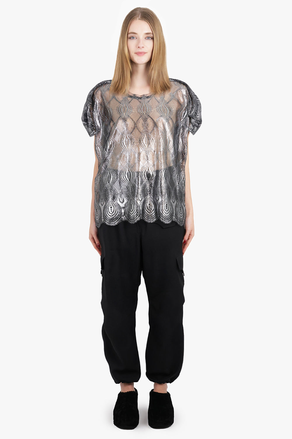 JUNYA WATANABE RTW Foiled Lace S/S Top | Silver/Black