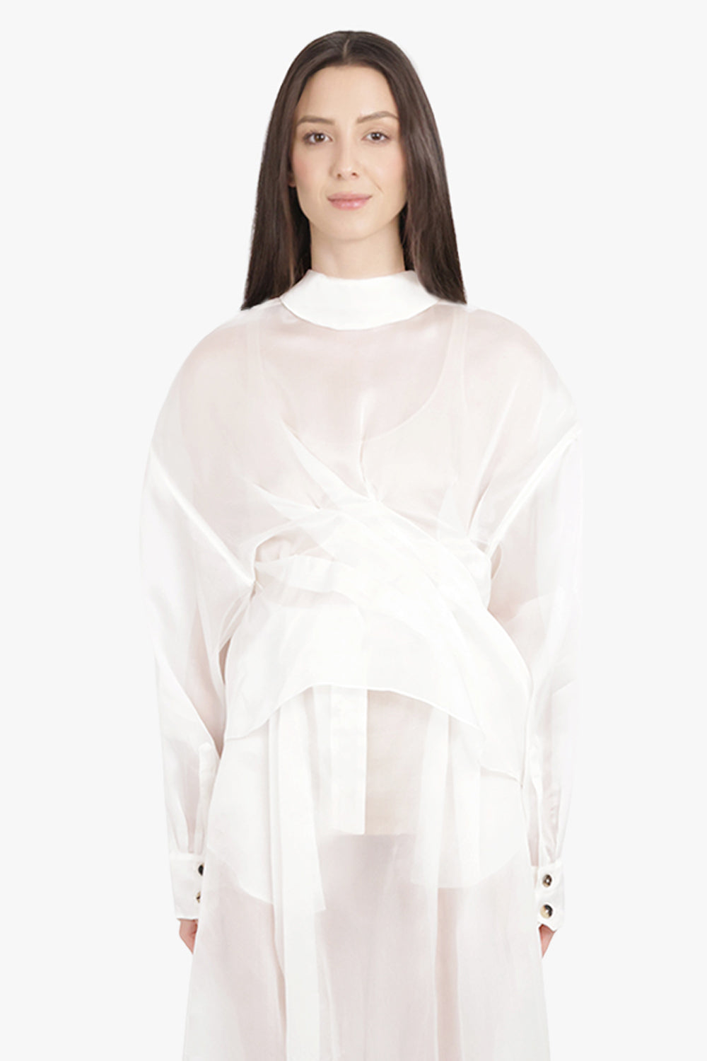 AWAKE MODE RTW Sheer Twisted L/S Shirt with Balloon Sleeve Detail | White