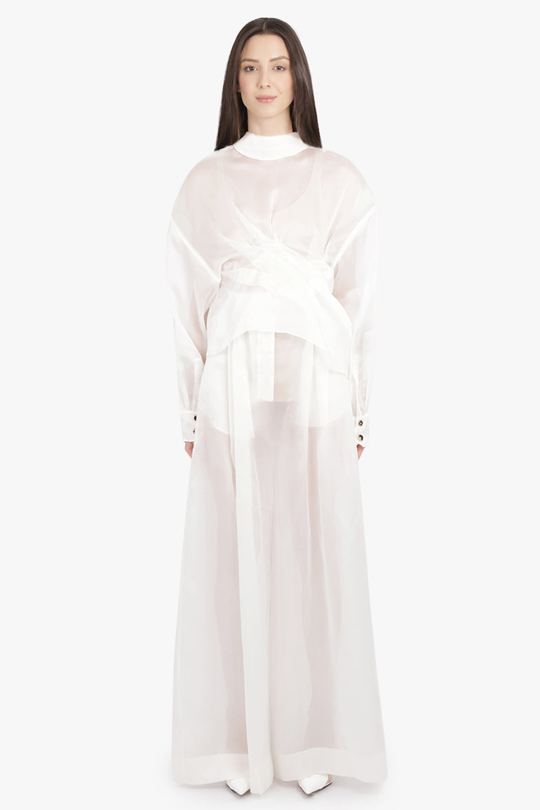 AWAKE MODE RTW Sheer Twisted L/S Shirt with Balloon Sleeve Detail | White