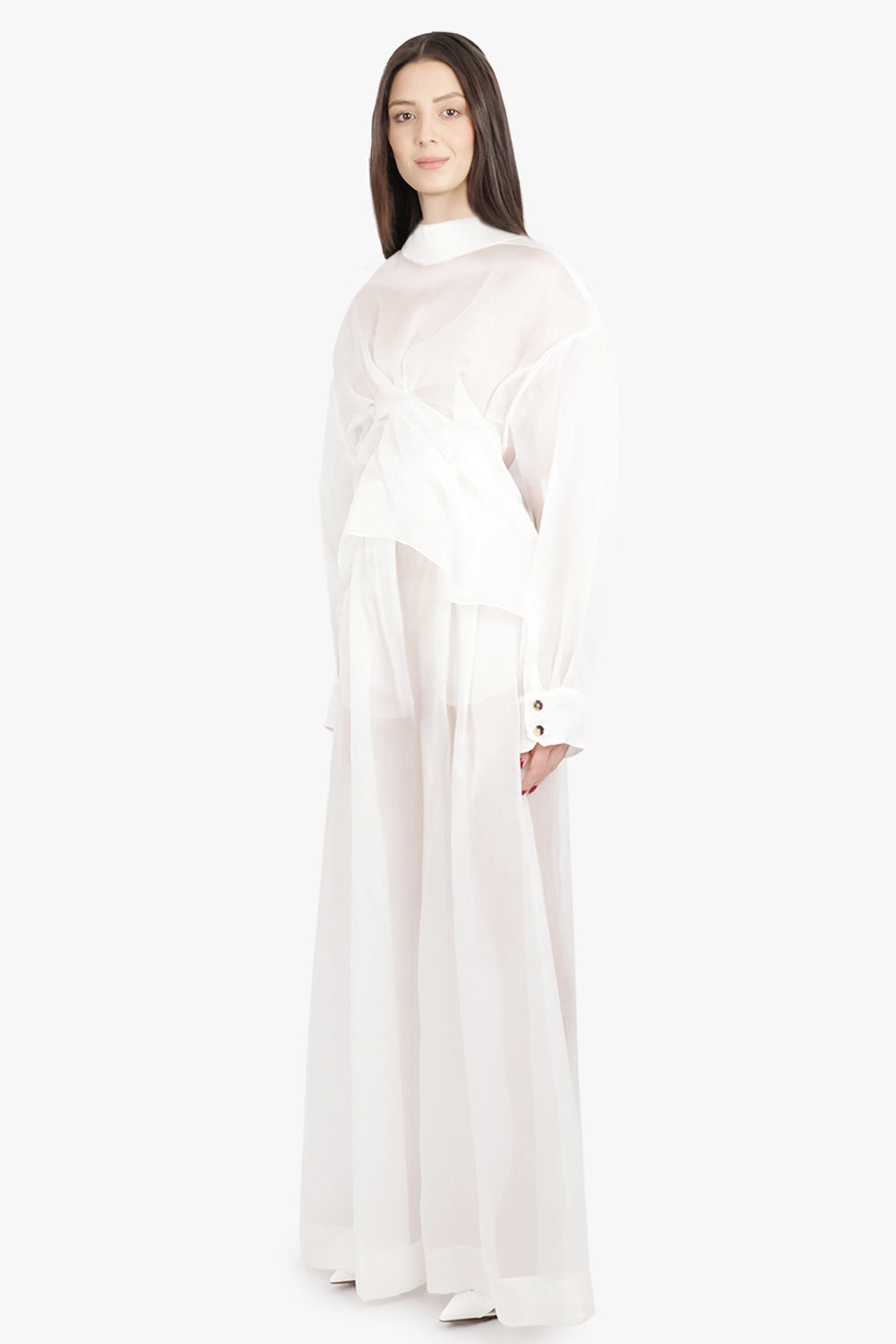 AWAKE MODE RTW Sheer Twisted L/S Shirt with Balloon Sleeve Detail | White