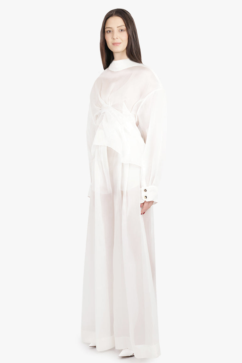 AWAKE MODE RTW Sheer Twisted L/S Shirt with Balloon Sleeve Detail | White