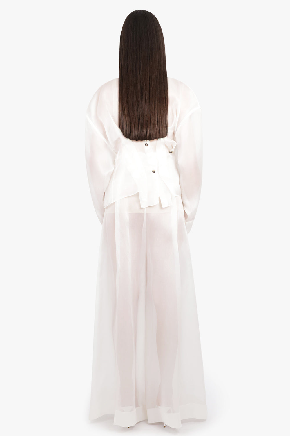 AWAKE MODE RTW Sheer Twisted L/S Shirt with Balloon Sleeve Detail | White