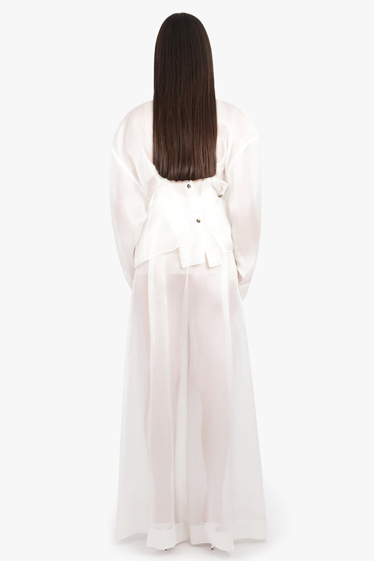 AWAKE MODE RTW Sheer Twisted L/S Shirt with Balloon Sleeve Detail | White