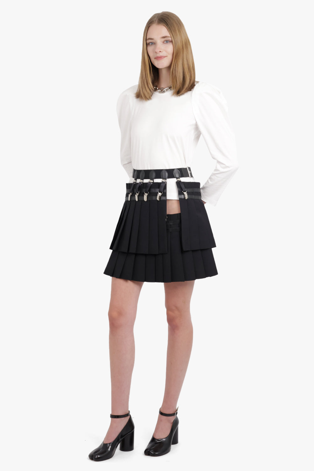 NOIR KEI NINOMIYA RTW Layered Mini Pleat Skirt With Suspender Detail | Black