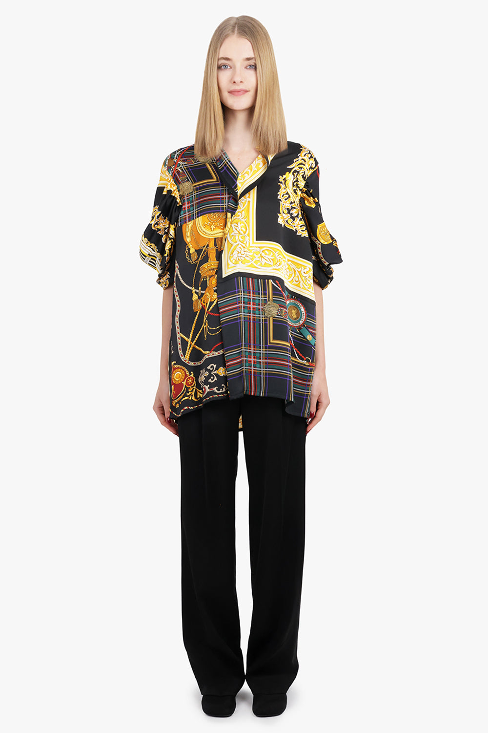 JUNYA WATANABE RTW Draped Sleeve Tartan X Versace Print Long Blouse | Black/Yellow/Red