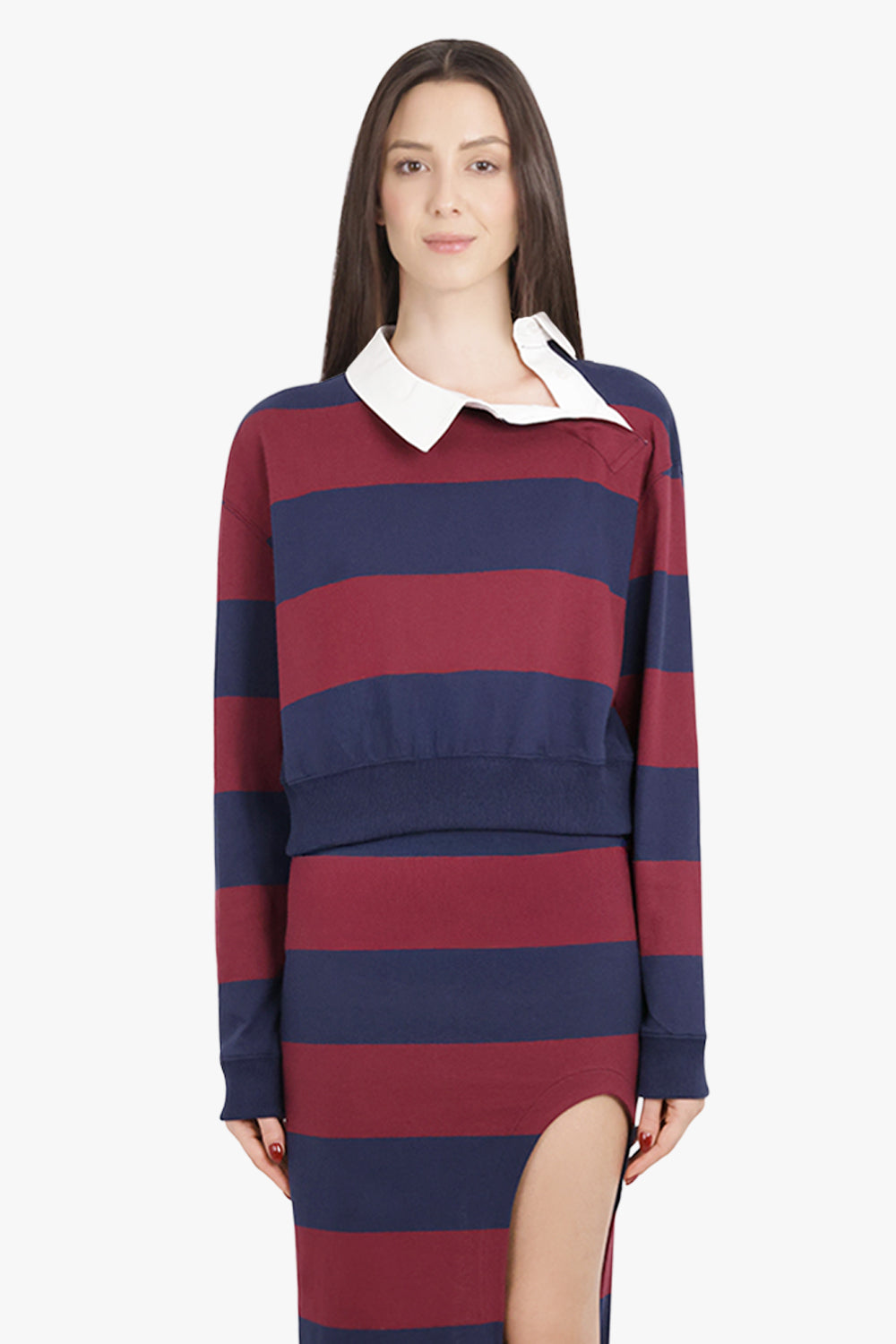 AWAKE MODE RTW Twisted Collar Stripe Rugby Style Sweatshirt Top | Burgundy/Navy
