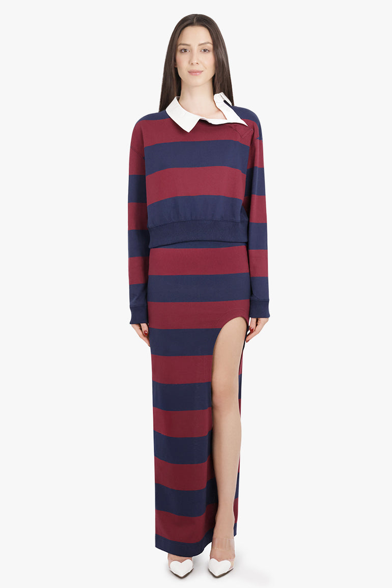 AWAKE MODE RTW Cut Out Stripe Pencil Maxi Skirt | Burgundy/Navy