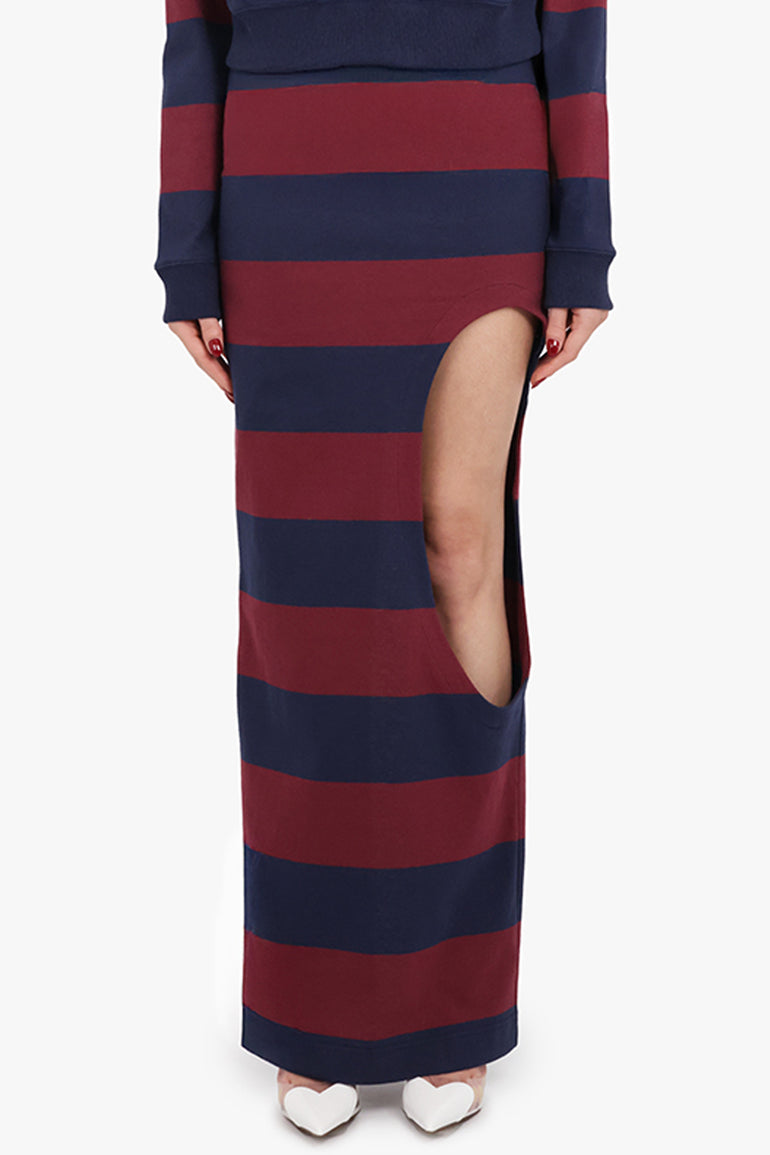 AWAKE MODE RTW Cut Out Stripe Pencil Maxi Skirt | Burgundy/Navy