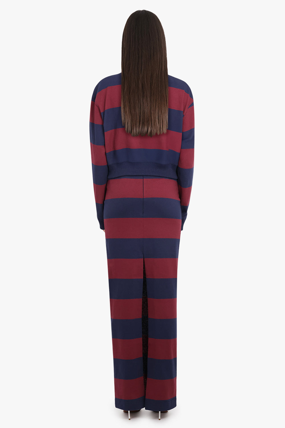 AWAKE MODE RTW Twisted Collar Stripe Rugby Style Sweatshirt Top | Burgundy/Navy