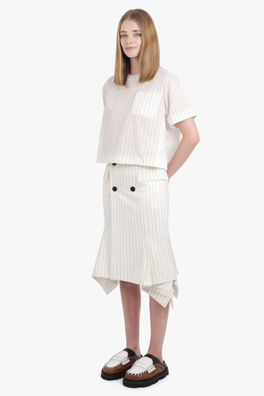 SACAI RTW Contrast S/S Pullover Stripe Top | Off White/Black